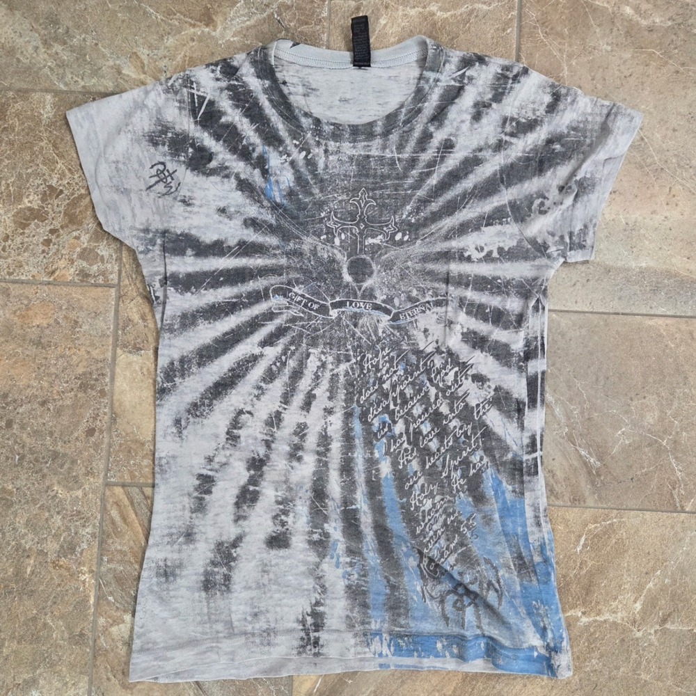 Women Large Cross Graphic T Shirt‎ Tie Dye Religious Gift of Love Eternal Script